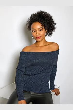 Roman Blue Petite Metallic Bardot Knit Top AU 14