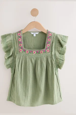Next Khaki Green Soft Short Sleeve Embroidered Square Neck Blouse AU 6