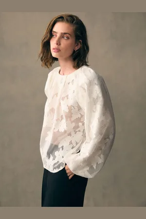 Next White Volume Sleeve Floral Grid Mesh Blouse XL Reg