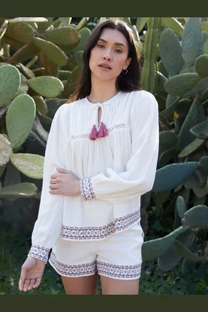 Threadbare Cream Tie Neck Embroidered Long Sleeve 100% Cotton Blouse AU 14