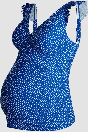 JoJo Maman Bébé Blue Maternity Spot Frill Shoulder Tankini Set S