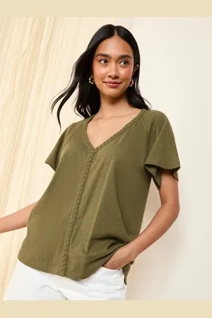 Friends Like These Khaki Green Short Sleeve Plait Trim Tunic medium
