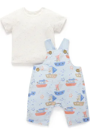 Purebaby Blue 100% Cotton Seaside Dungaree and T-Shirt Set 1 Year (80cm)