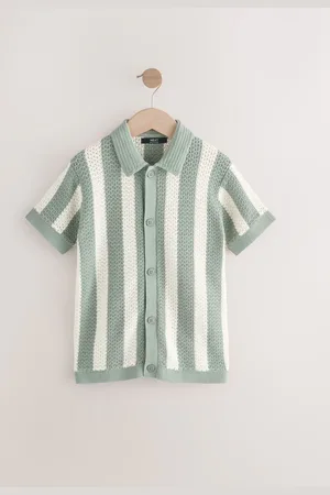 Next Vertical Stripe Short Sleeve Button Through Knitted 100% Cotton Polo Shirt (3-16yrs) 12 Years (152cm)