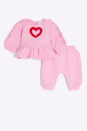 River Island Pink Baby Girls Ruffle Trimmed Sweat Top & Joggers Set 6