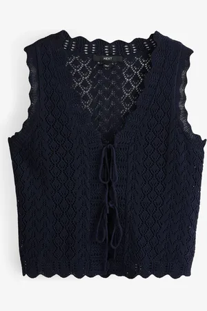 Next Blue Navy Lace Knit Tie Front Vest with Linen small