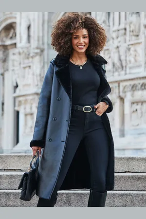 Sosandar Black Faux Shearling Belted Trench Coat AU 8
