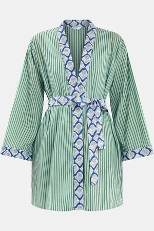 Accessorize Green Dandelion Stripe Short 100% Cotton Robe L