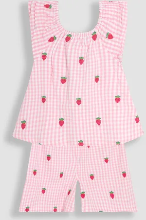 JoJo Maman Bébé Pink Gingham Strawberry Embroidered Blouse and Shorts Set 2 Piece 116122cm