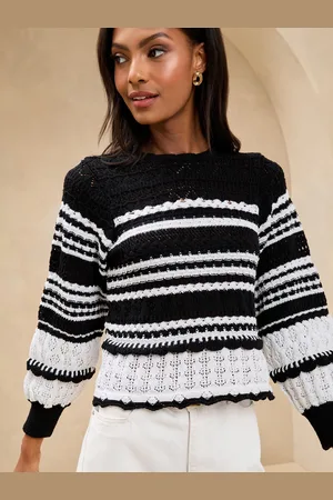 Lipsy London Monochrome Crochet Summer Stitch Pointelle Knit Long Sleeve Top AU 6