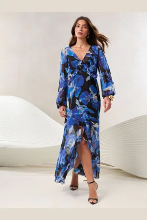 Lipsy London V-Neck Ruffle Long Sleeve Maxi Dress AU 14