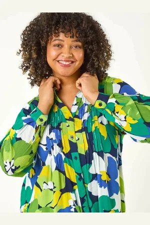 Roman Green Curve Floral Print Pintuck Blouse AU 20