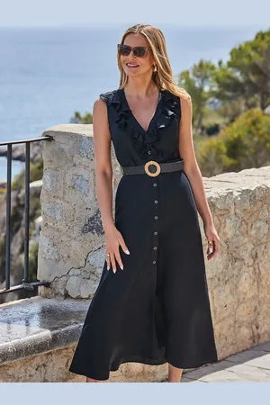 Sosandar Linen Blend Ruffle Detail Button Front Dress AU 12