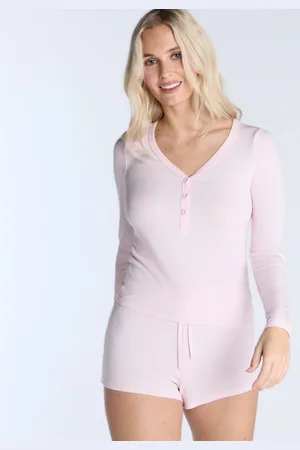 Boux Avenue Powder Pink Modal Long Sleeve Henley Top & Short Pyjamas Set AU 10