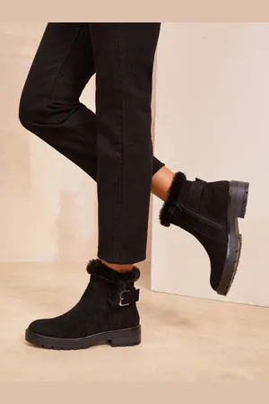 Friends Like These Black Wide Fit Flat Buckle Detail Casual Faux Suede Chelsea Boots AU 5 W (EU 36)