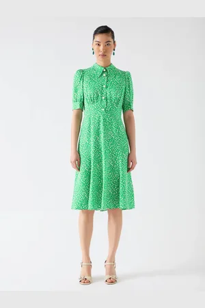 LK Bennett Esme Jelly Bean & Birch Viscose Ikat Spot Print Fit & Flare Collared Dress AU 8