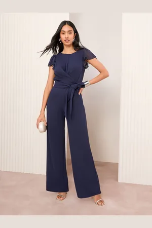 Friends Like These Navy Blue Chiffon Scuba Wrap Front Jumpsuit AU 6