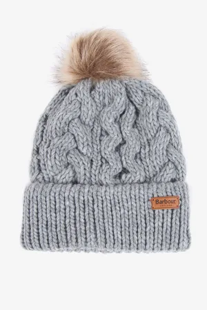 Barbour Grey Penshaw Cable Knit Faux Fur Pom Beanie Logo Hat One