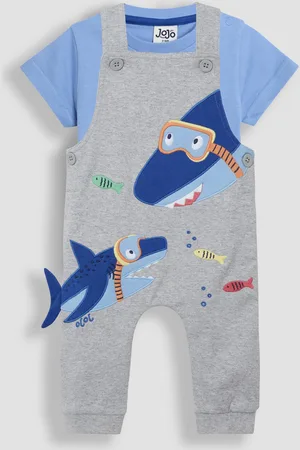 JoJo Maman Bébé Grey Shark 2-Piece Appliqué Dungarees & T-Shirt Set 3