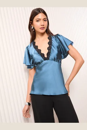 Friends Like These Blue Lace Trim Angel Sleeve Blouse AU 14