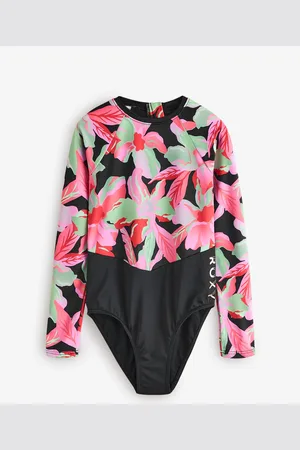 Roxy Black Tropical Print Active Long Sleeve Swimsuit 16 Years (176cm)
