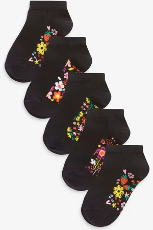 Next Black Floral 5 Pack Cotton Rich Footbed Trainer Socks UK 4