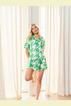 Jim Jam The Label Green Satin Revere Shorts Set With Dogtooth Print S