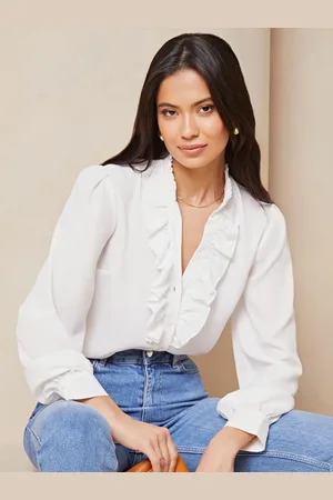 Lipsy London White Ruffle Placket V-Neck Blouse AU 18