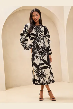 Lipsy London Petite Palm Print Long Sleeve Ruffle Midi Dress AU 16