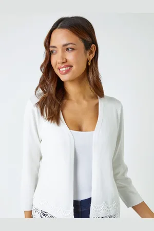Roman White Scalloped Lace Trim Knitted Shrug AU 14