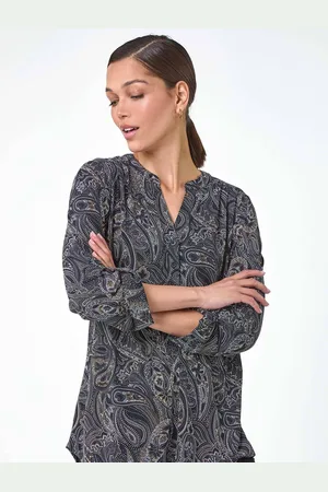 Roman Black Textured Paisley Print Stretch Blouse AU 10