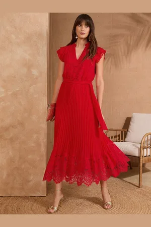 Love & Roses Lace Detail Pleated V-Neck Belted Midi Dress AU 12