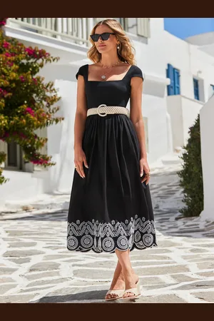 Sosandar Embroidered Hem Square Neckline Jersey 100% Cotton Midi Dress AU 18
