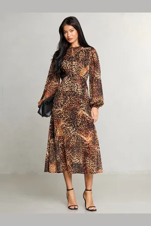 Lipsy London Petite Printed Woven Long Sleeve Underbust Midi Dress AU 12