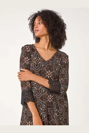 Roman Black Abstract Print Lace Detail Tunic Top AU 10