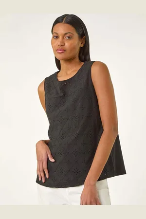 Roman Black Cotton Broderie Vest 100% Cotton Top AU 14