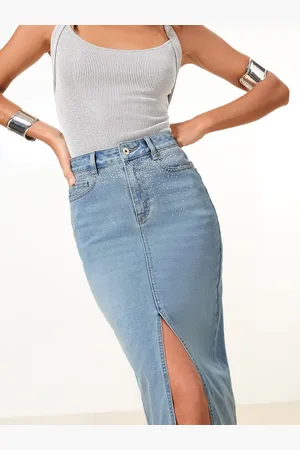 Lipsy London Denim High Rise Split Midi Skirt AU 16