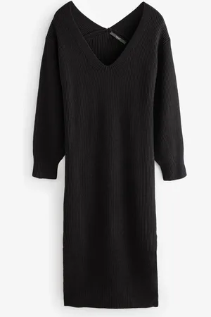 Next Long Sleeve V-Neck Midi Ribbed Knitted Jumper Dress XS