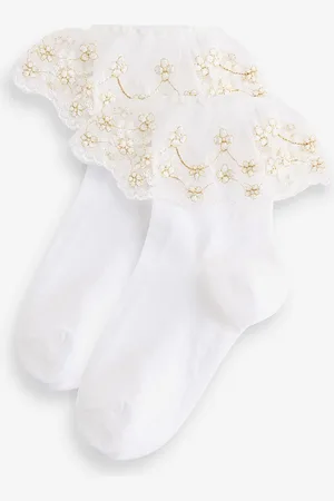 Next White 2 Pack Cotton Rich Flower Girl Ruffle Ankle Socks 3-5.5 Jnr