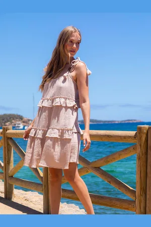 South Beach Tie Shoulder Bead Detail 100% Cotton Mini Dress AU 8