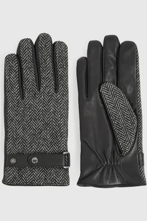 Reiss Black Vaughn Leather And Wool-Blend Herringbone Gloves L