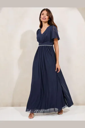 Lipsy London Short Sleeve Pearl Trim Mesh Maxi Bridesmaid Dress AU 8