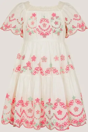 Monsoon Floral Print Broderie 100% Cotton Short Sleeve Dress 10 Years (140cm)