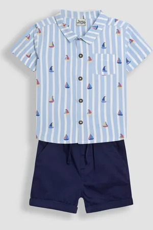 JoJo Maman Bébé Blue Sailboat 2-Piece Printed Shirt & Twill Shorts Set 98104cm