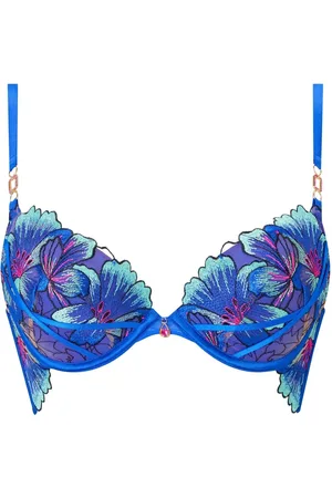 Ann Summers Blue Cobalt Fluorescence Floral Print Embroidery Padded Plunge Bra 34 DD