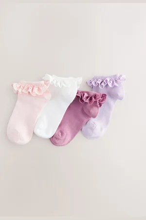 Next Pink. Purple And White Cotton Rich Ruffle Trainer Socks 4 Pack 3-5.5 Jnr
