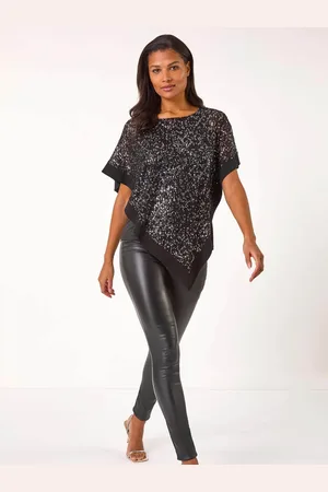 Roman Black Sequin Overlay Stretch Tunic Top AU 10