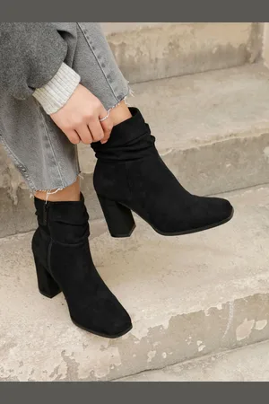 Linzi Black Mila Faux Suede Ruched Square Toe Block Heel Boots AU 7 (EU 38)