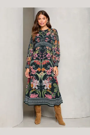 Lipsy London Leopard Print Long Sleeve Woven Underbust Midi Dress AU 8