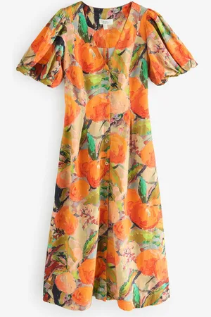 Next Button Down Puff Sleeve Midi Dress with Linen AU 10 Petite